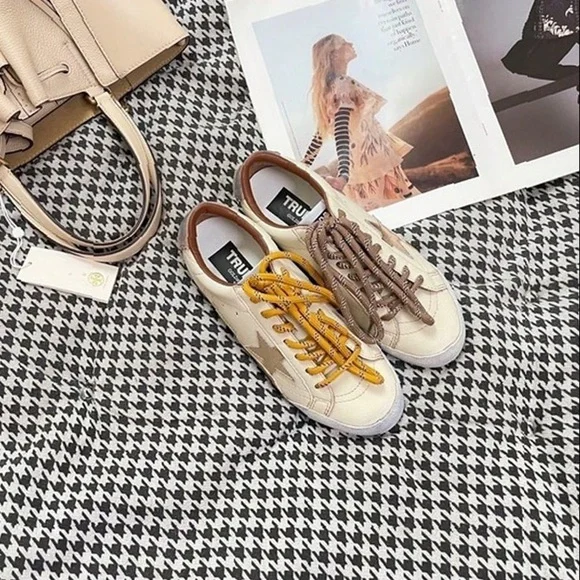 Golden Goose Cream & Tan Accented Sneakers