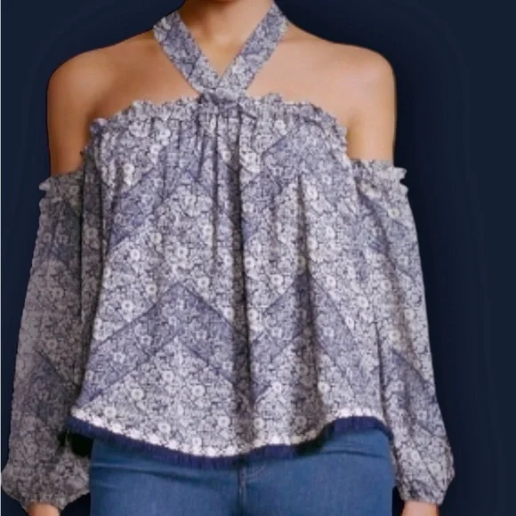 Misa Los Angeles Blue Floral Print ‘Livey’ Off The Shoulder Tie-Neck Top Size XS