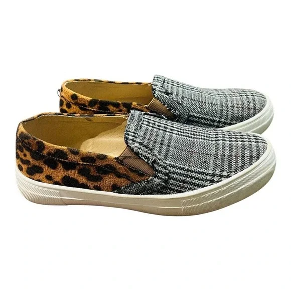 Mata Slip On Sneakers Womens 7.5 Plaid Leopard Print Mixed Media Low Top‎ Shoes