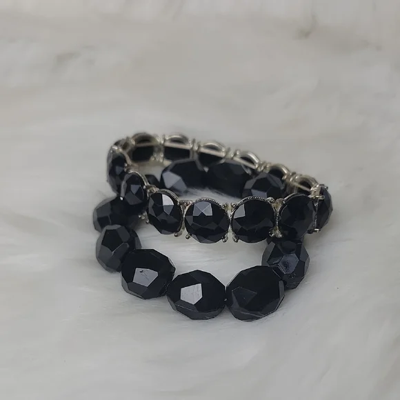 BLACK Silver Tone Faux‎ Stone Beaded Stretch Elastic Bundle of 2 Glam Bracelets