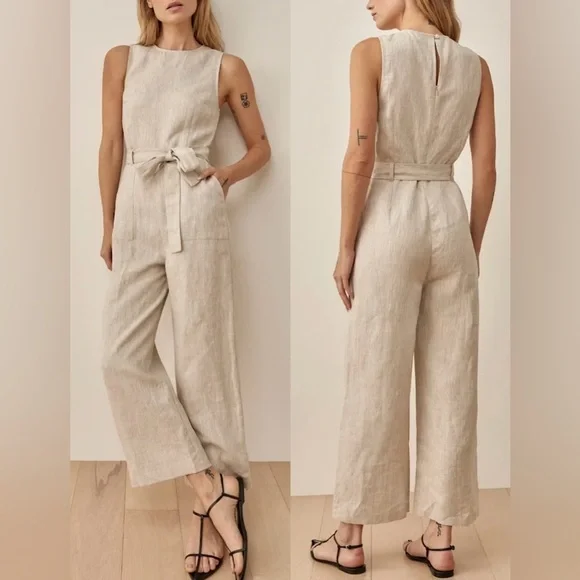 NEW Reformation Naomi Linen Belted Jumpsuit in Oatmeal sz 4