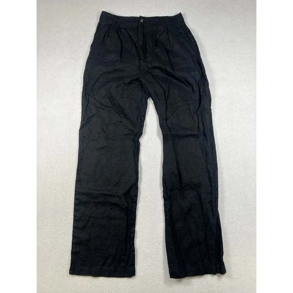 Reformation 100% Linen Pants Women's 6 Black Straight Leg High Rise Pleated Zip