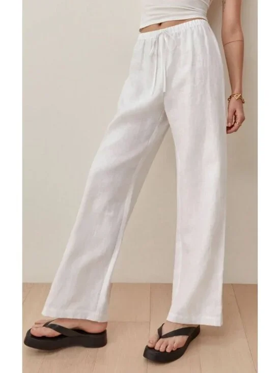 REFORMATION OLINA Tie Waist Linen Pants - White - Small