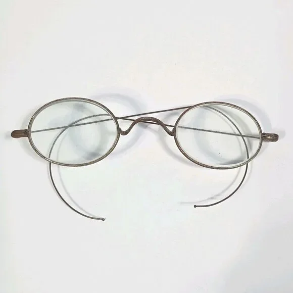 Antique Oval Wire Frame Reading Glasses Ear Hook Glass Lenses Vintage Spectacles
