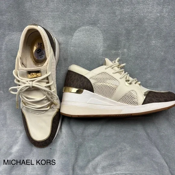 Michael Kors Georgie Trainer MK‎ Signature Mesh Wedge Sneaker Cream Gold 8.5