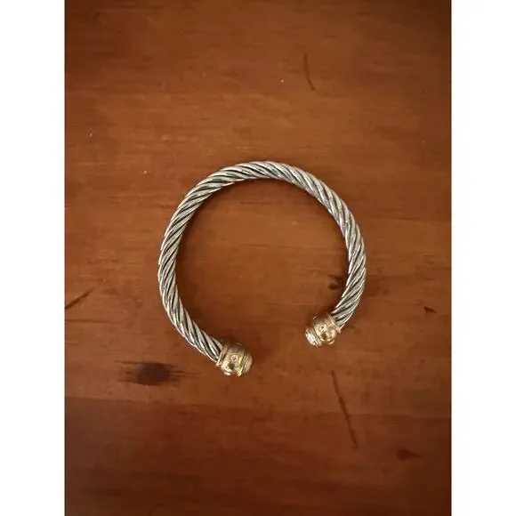 Retro Inspired Stylish Silver Rope Cuff Bracelet Gold Bar Ends Rhinestones