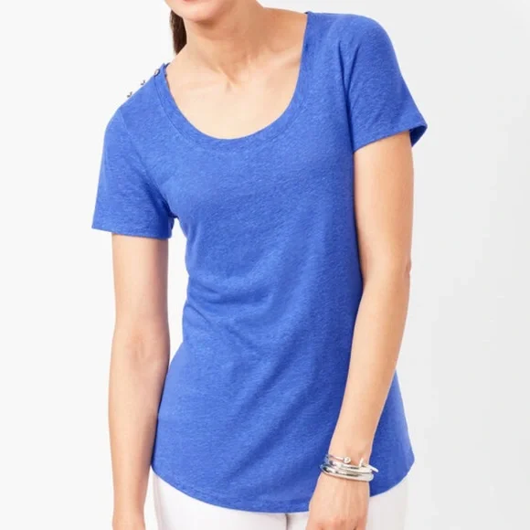 Talbots Petite MP Blue Button Shoulder Scoop Neck Short Sleeve Linen Blend Tee