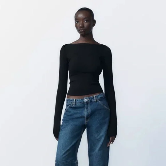 Zara Women's Crop Ribbed Knit Sweater in Black Size SMALL