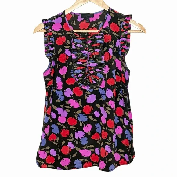 J Crew Silk Floral Sleeveless Top Womens 2 Artsy Colorful Career Work Ruffled