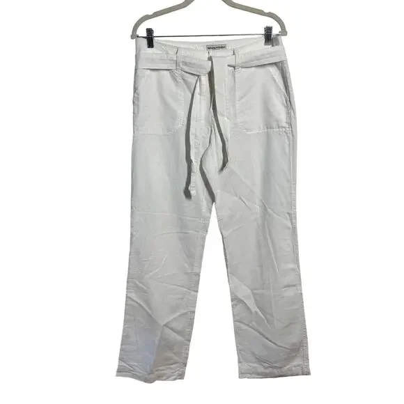 Banana Republic Tie Belt Straight Leg Pant Women 8 White Linen Coastal Beach