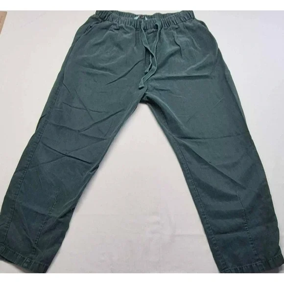 Zara women's green linen blend crop tapered drawstring casual pant sz. S pockets
