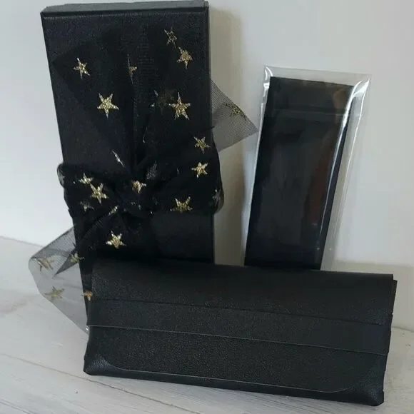 Black Faux Leather Eyeglass Case With Cleansing Cloth And Gift Box