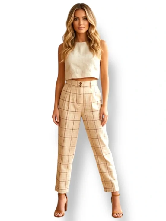 SÉZANE Tan Plaid Linen Blend Pleated Trousers , Size 36 (US 4)