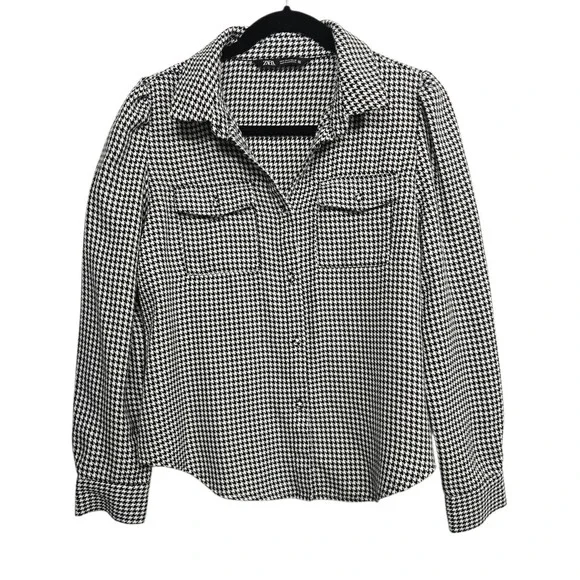 Zara Houndstooth Button Up Shirt‎ S Black White Collared Preppy Academia Chic