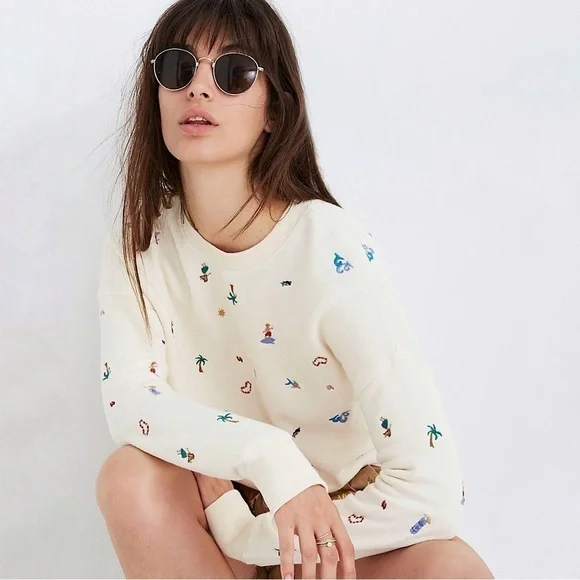 Madewell Lei-cation Embroidered Mainstay French Terry Pullover Sweatshirt Cream