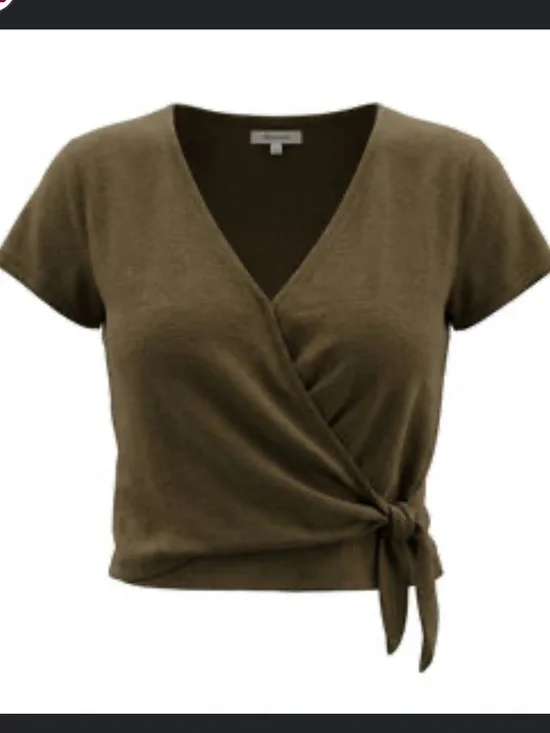Madewell Texture & Thread Wrapped Tie V-Neck Women’s 100% Cotton Top Olive Green