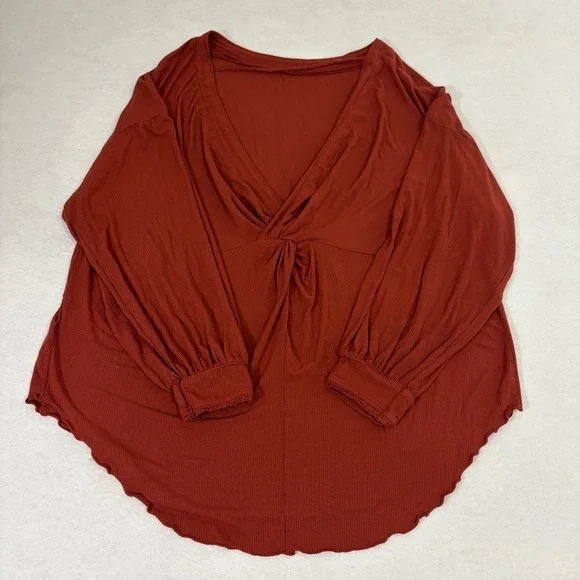 Free People Check On It Wrap Top Small Ribbed VNeck Long Sleeve Red/Burnt Orange