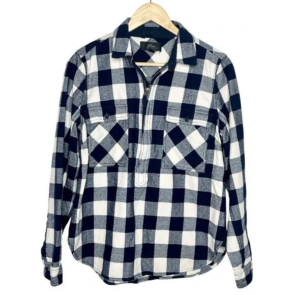 J Crew Buffalo Check Shirt Jacket Navy Womens Small Wool Cotton Shacket