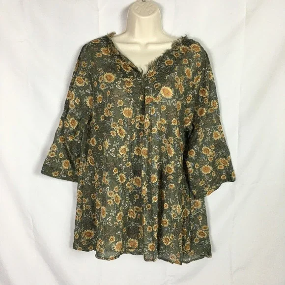 Natural Life Sunflower Butterfly Cotton Tunic Top L/XL Olive Green Boho Frayed