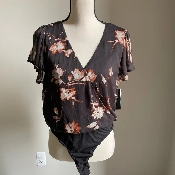 Ash & Violet Black Floral Blouse Bodysuit Size M
