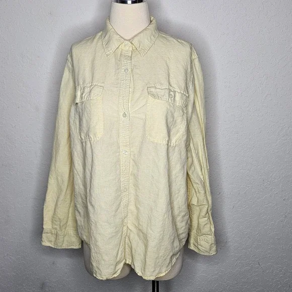 Chaps Women's Linen Cotton Button Up Shirt Pale Yellow Utility Pocket XL