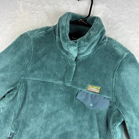LL Bean Snap T Fleece Womens Small Green Sherpa Sweater Sweatshirt Pockets