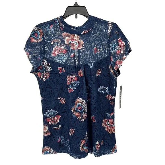 HeartSoul Lace Top M‎ Womens NWT Tank Underlay Blue Floral Blouse Size Medium