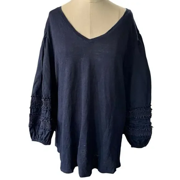 Chicos Navy Blue Linen Shirt Tunic Slub Knit Pom 3/4 Sleeve Size 3 XL