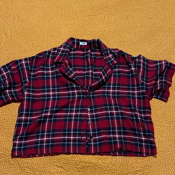 Garage Red Black Plaid Button-Down Crop Shirt