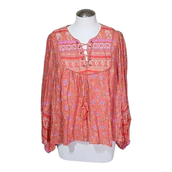 Lucky Brand Boho Peasant Top Orange Floral Embroidered Lace-Up Tassel Blouse