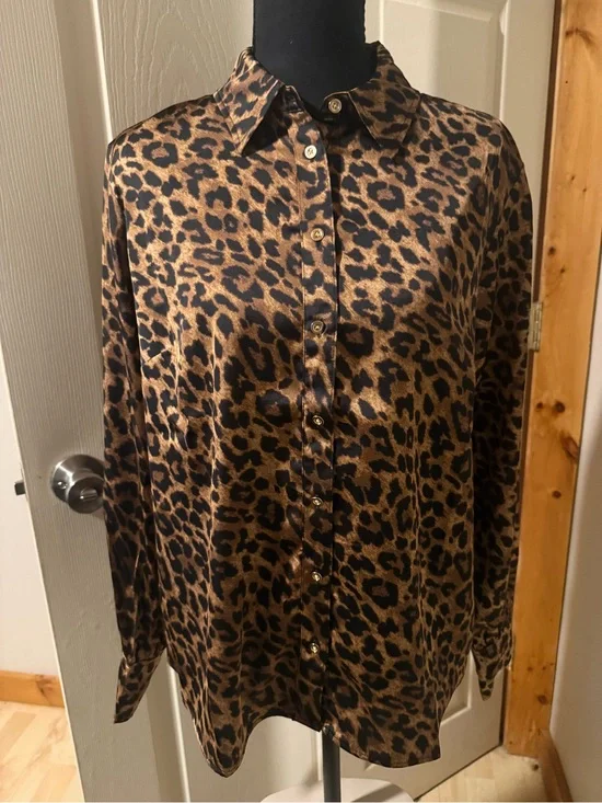 Talbots Leopard Print Satin Button-Up Blouse - Brown & Black, Large Petite