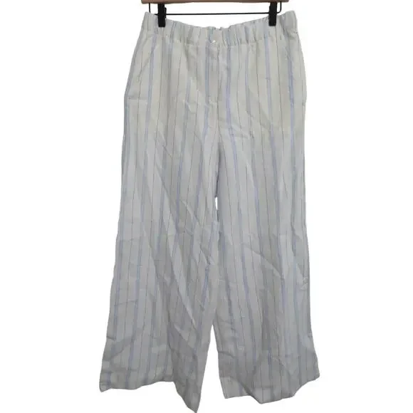 Banana Republic Women Sz S White Blue Striped Wide Leg Pants Linen Blend Style