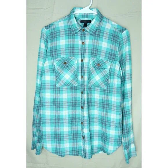 J. Crew Shirt Green Boyfriend Crinkle Plaid Button Front Cotton Women's Size 4