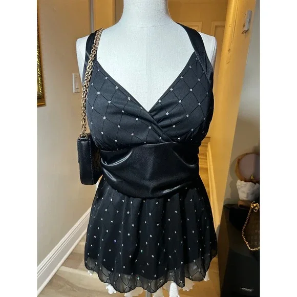 Dressbarn Collection Black Rhinestone Mesh Halter Top Ruched Waist Size 12