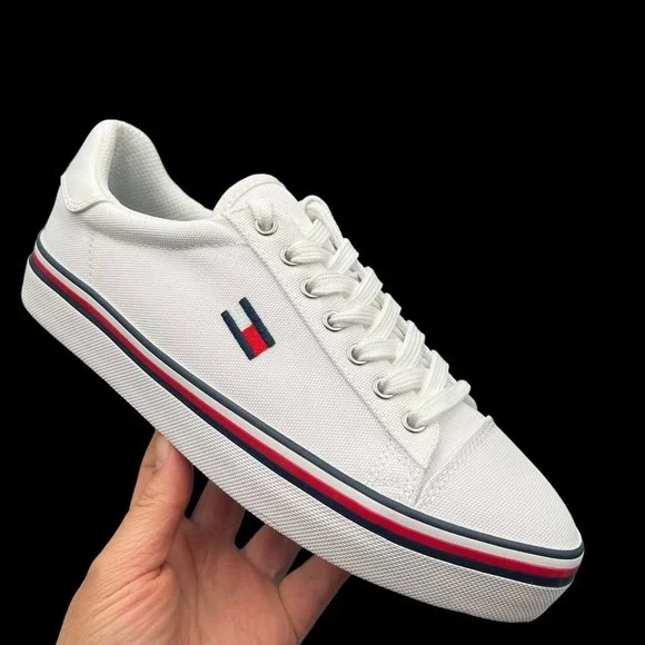 Tommy Hilfiger Women's Canvas Casual Sneakers Size 7.5-8.5-9 White Lace up Shoes