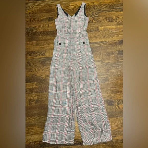 Mango Linen Wide Leg Jumpsuit, Grey Plaid, Size: XS