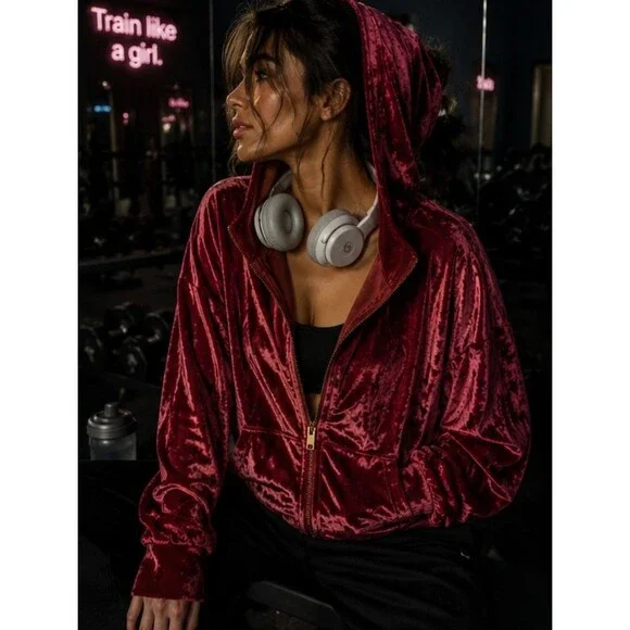 Fabletics Pink Berry Red Crushed Velvet Zip Hoodie Plus Size 2X Loungewear Glam