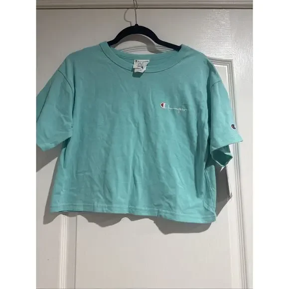 NWT Champion Women's Reverse Weave Heritage Crop Tee Embroidered Logo Aqua Small