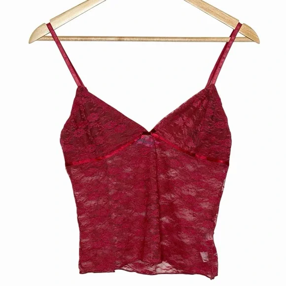 Red Lace Cami Tank Top Womens M Coquette Vamp Y2K Babydoll Fairy Whimsigoth