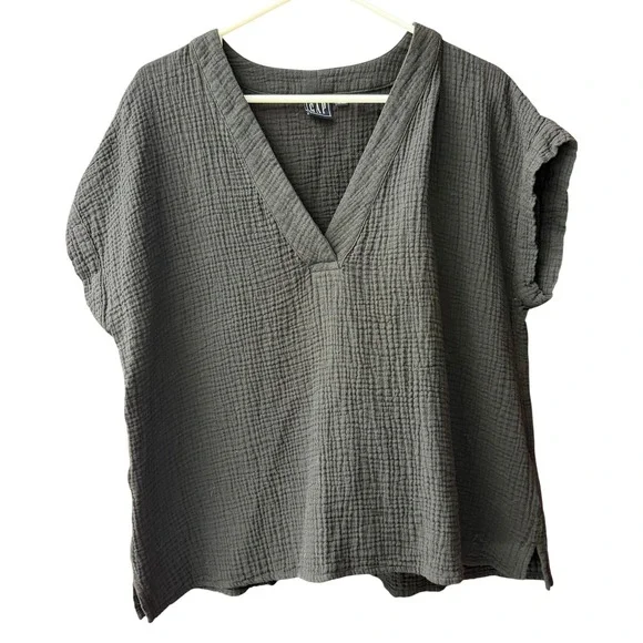 Gap V-Neck Top Women XL Black Crinkle Gauze Cotton Short Sleeve Relaxed Fit