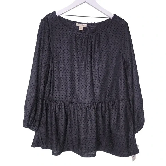 Style & Co Peplum Top S Black Swiss‎ Dot 3/4 Sleeves Semi Sheer Boho