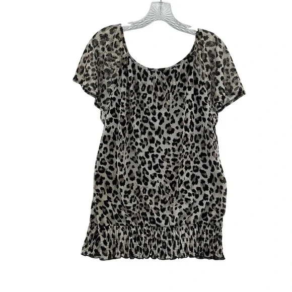 7wonders Women Leopard Print Mesh Smocked Hem Studded Blouse Top Sz L 7 Mob Wife