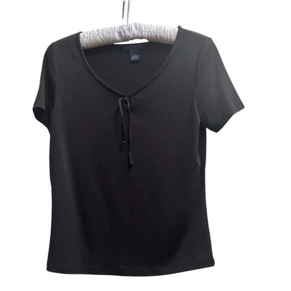 ANN TAYLOR Women’s Black Top Tie Detail Size Small Packable Wardrobe Capsule EUC