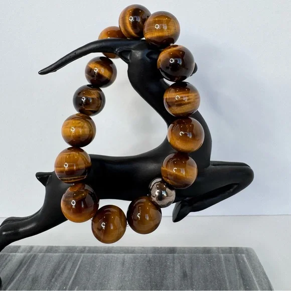 Hand Crafted Tiger Eye Gemstone Beaded Stretch Bracelet 6.75” 14mm NWT