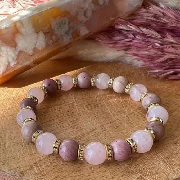 Natural Rose Quartz & Rhodochrosite Beaded Bracelet Gemstone Stretch Crystal New