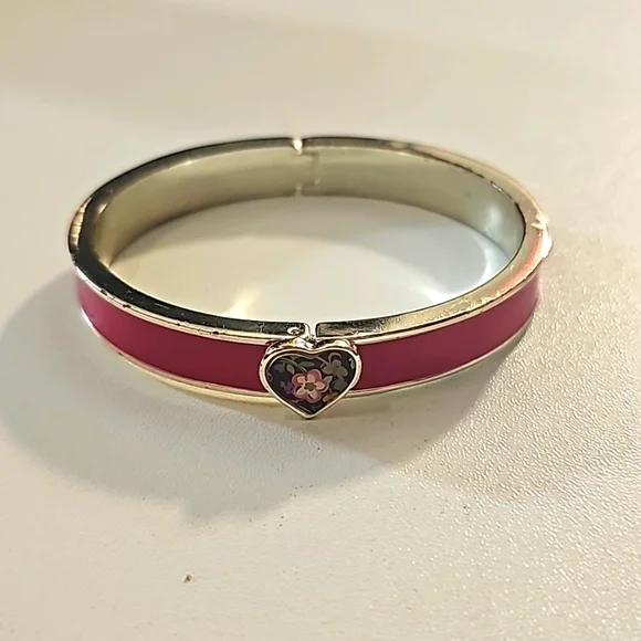 Vintage Vera Bradley Silver Tone Heart Theme Pink Enamel Hinged Bangle Bracelet.