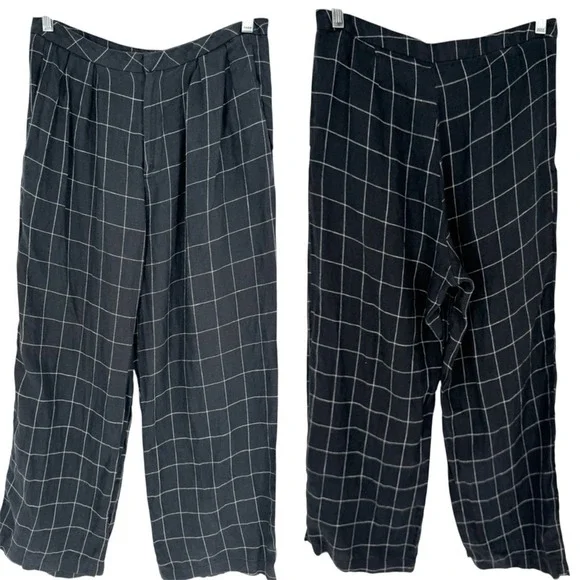 REFORMATION High Rise Windowpane Plaid Linen Trousers Black/White Size S Office