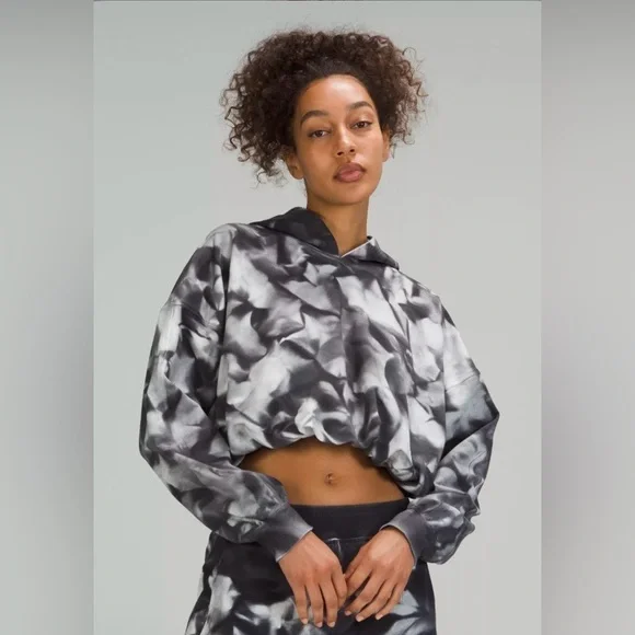 Lululemon LA All Yours Bubble Hem Crop Hoodie Grey White Tie-Dye Size Large