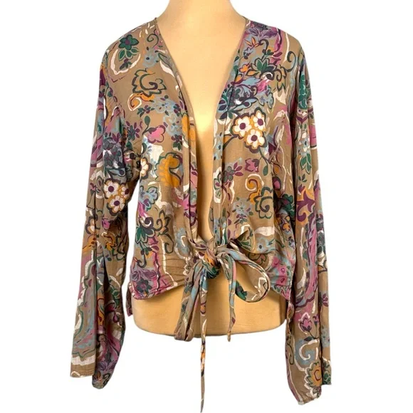 Venti6 Spring Floral Print Tie-Front Top Beige Multi Size M