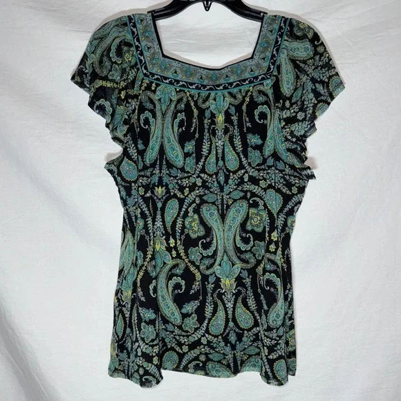 Boho Womens XL Paisley Mesh Blouse Teal Black Square Neck Flutter Sleeve Top